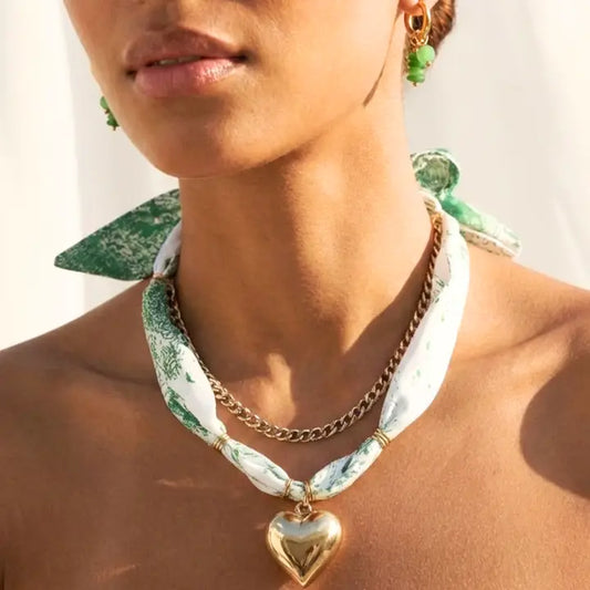 Spring Scarf Chain Heart Necklace & Earring Set Green-W
