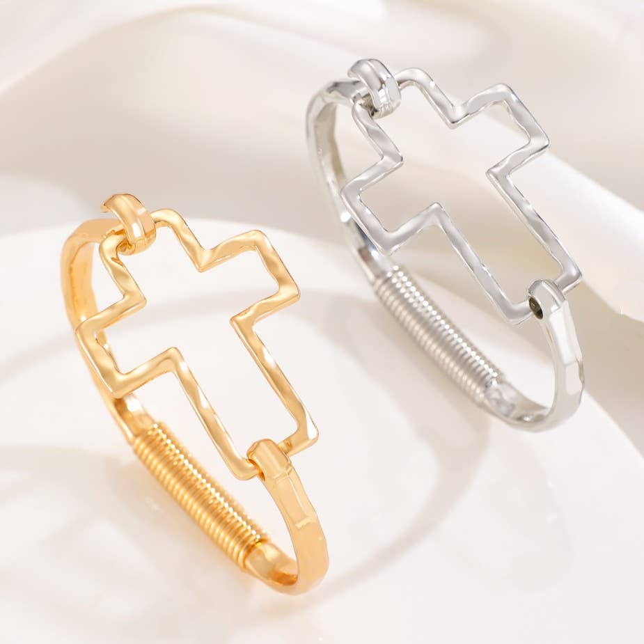 Magnolia Hammered Open Cross Bangle - Silver or Gold