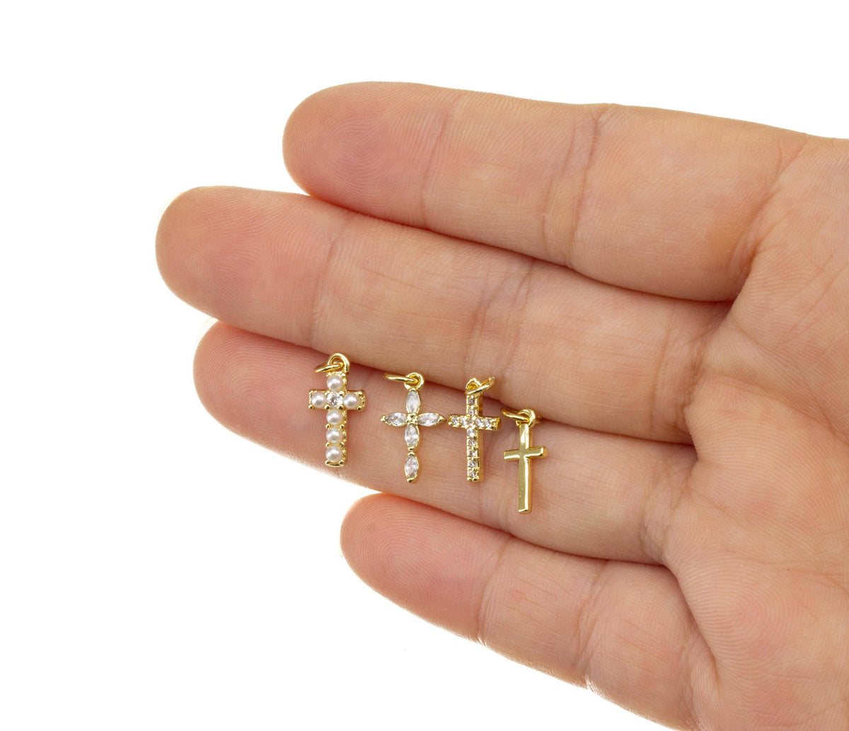 Gold, Pearl & CZ Mini Cross Charms for Jewelry Making