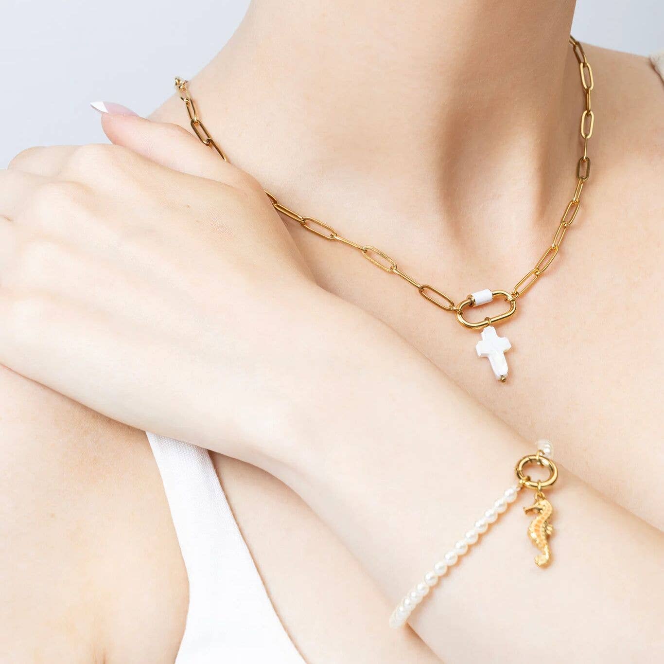 18K Gold PVD Stainless Steel Shell Cross Charm
