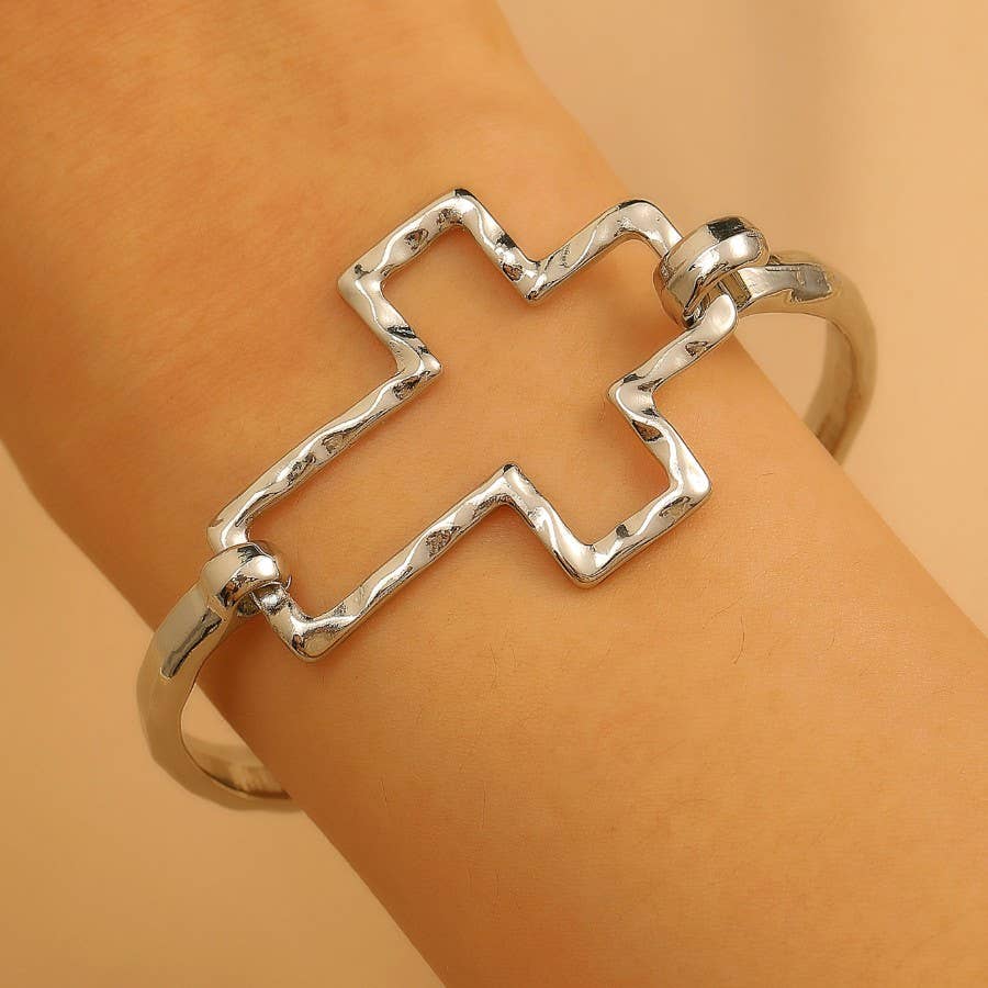 Magnolia Hammered Open Cross Bangle - Silver or Gold