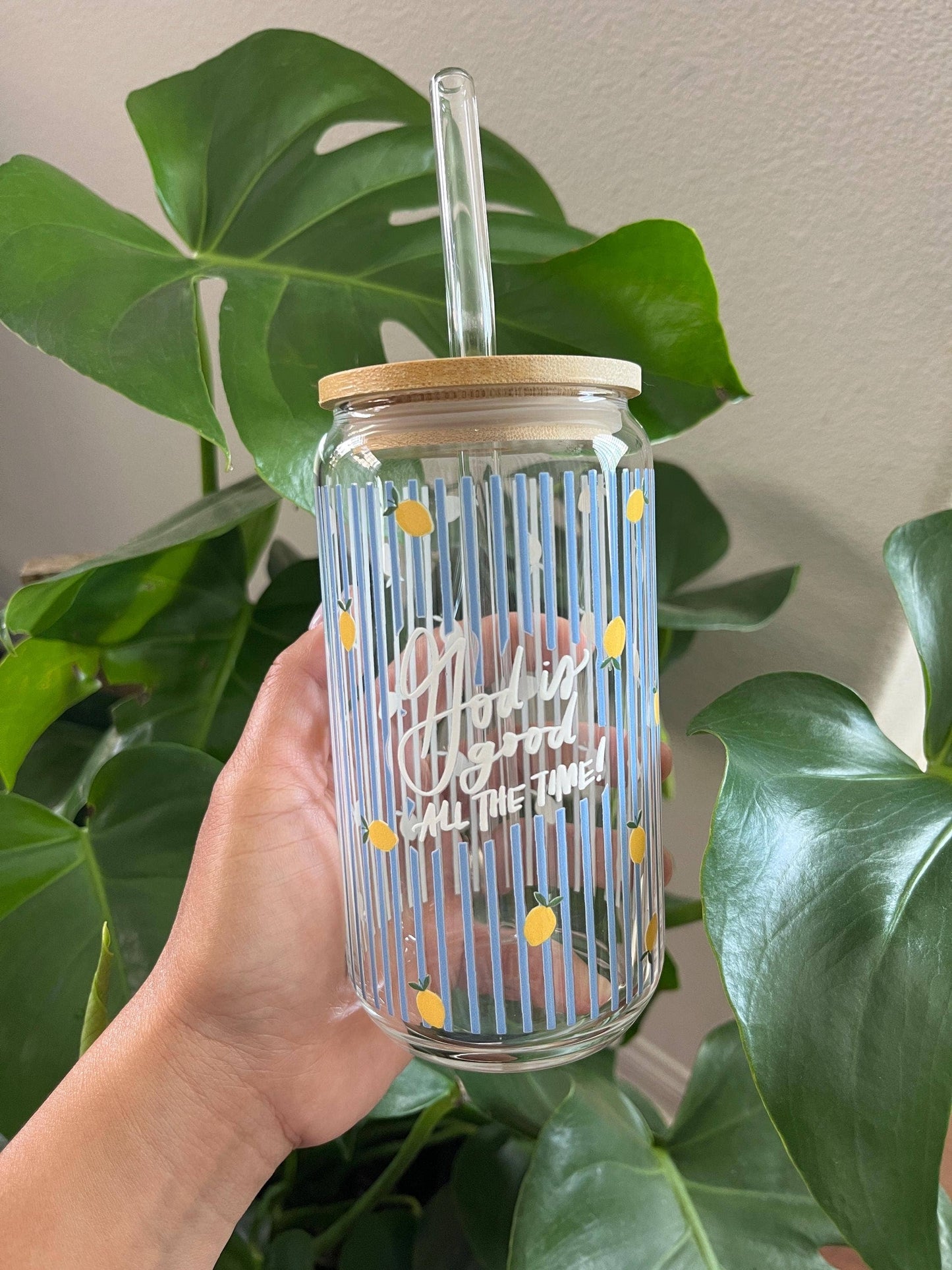 God is good Glass Cup with Bible Verse and Straw Lid
