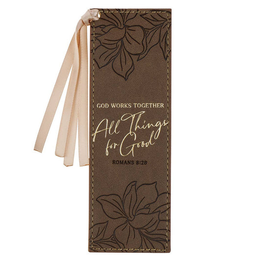 Bookmark Faux Leather Brown God Works For Good Romans 8:28
