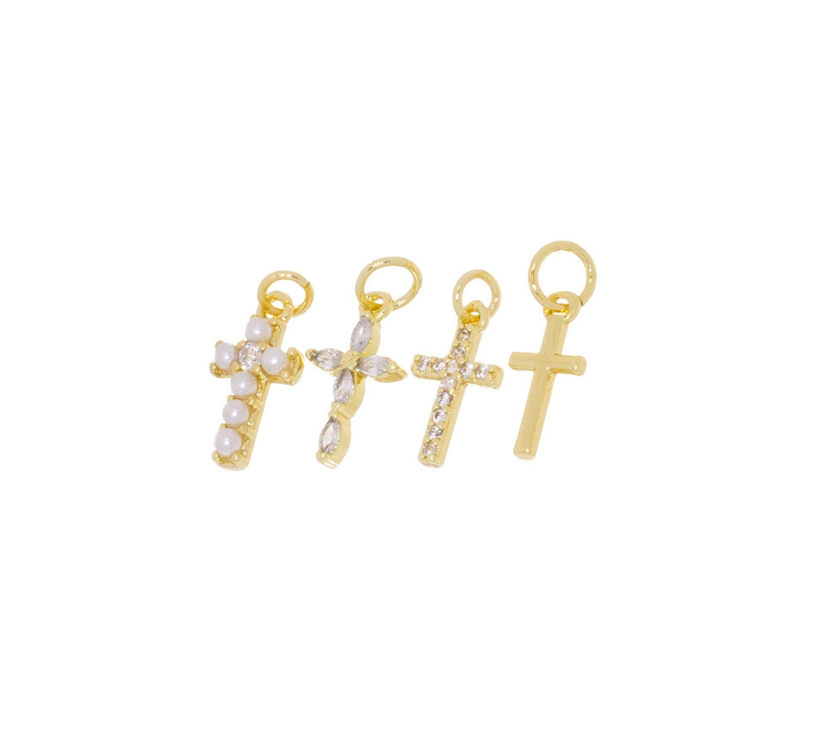 Gold, Pearl & CZ Mini Cross Charms for Jewelry Making