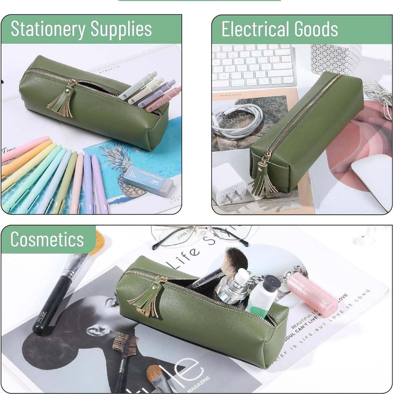 Green PU Leather Pencil Case Small