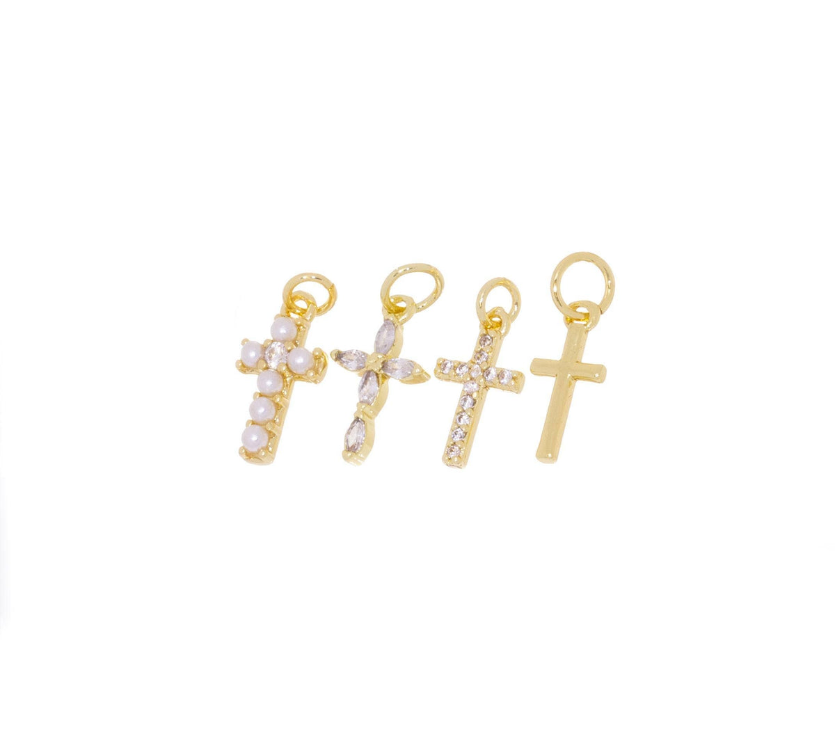 Gold, Pearl & CZ Mini Cross Charms for Jewelry Making