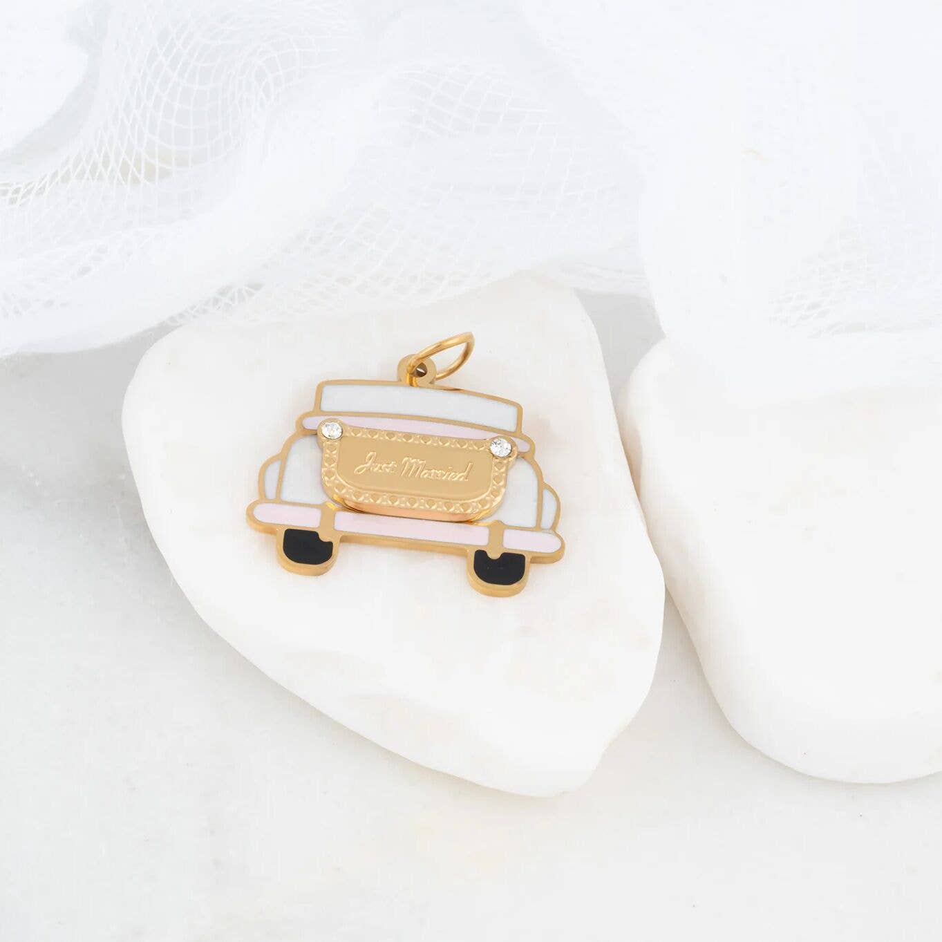 18K Gold PVD Stainless Steel Just Married Car Charm