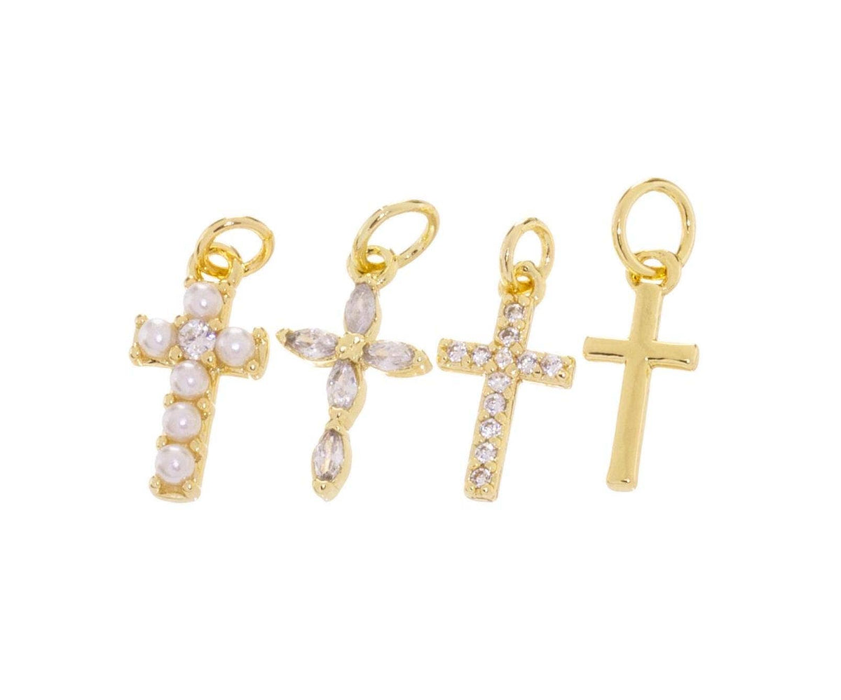 Gold, Pearl & CZ Mini Cross Charms for Jewelry Making