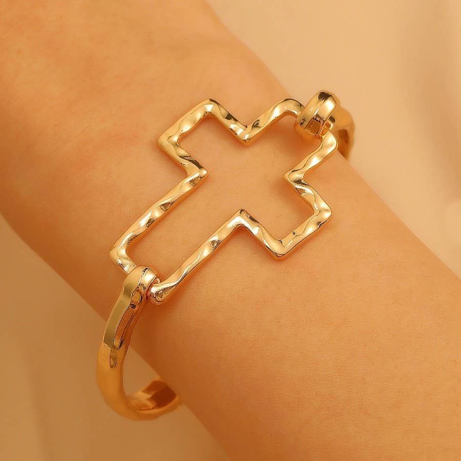 Magnolia Hammered Open Cross Bangle - Silver or Gold