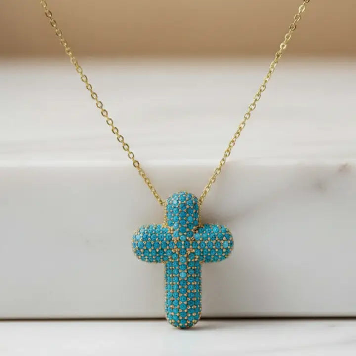 Faith Cross Charm Gold Chain Necklace Blue-W