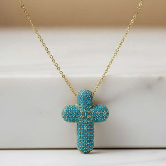 Faith Cross Charm Gold Chain Necklace Blue-W