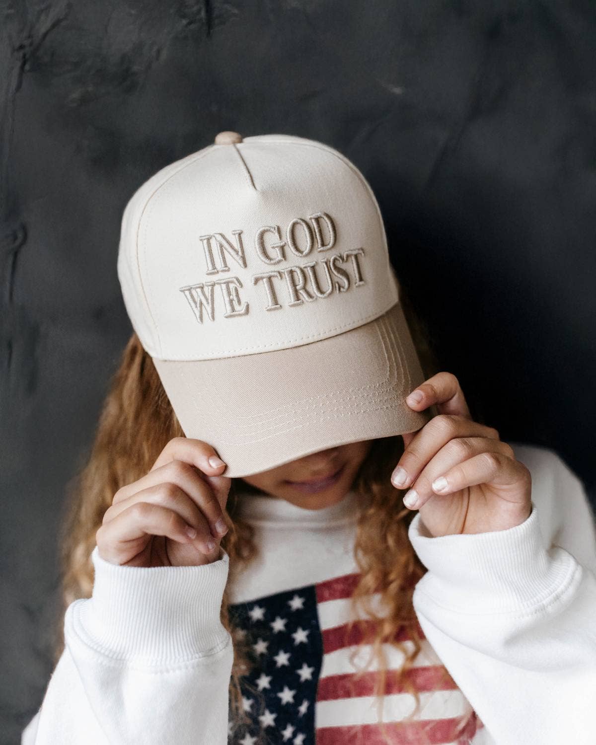 In God We Trust KIDS Hat - Khaki & Off-White