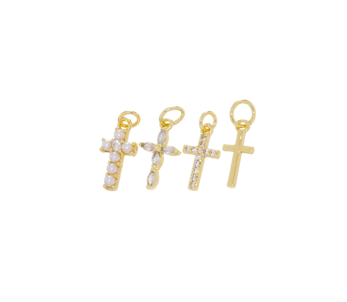 Gold, Pearl & CZ Mini Cross Charms for Jewelry Making