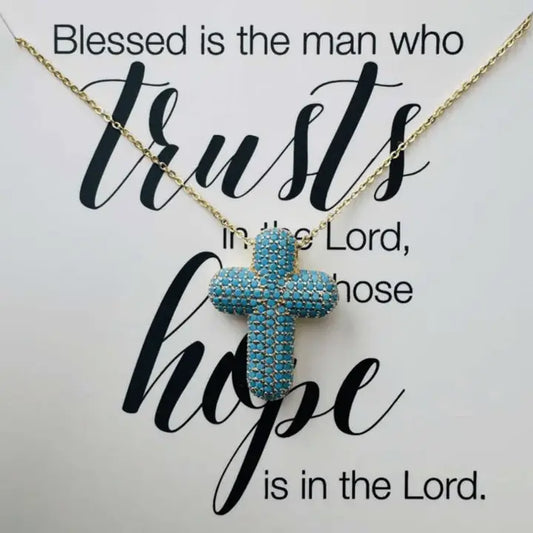 Faith Cross Charm Gold Chain Necklace Blue-W