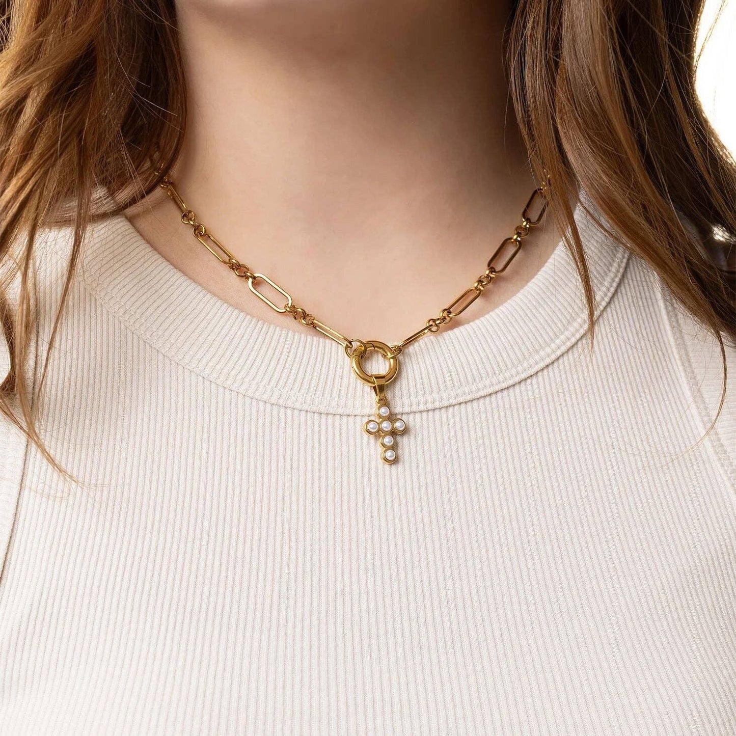 18K Gold PVD Stainless Steel Pearl Cross Charm