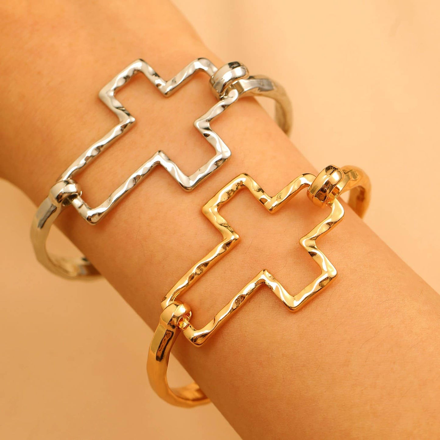 Magnolia Hammered Open Cross Bangle - Silver or Gold