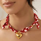 Valentines Day Gold Heart Charm Red Silk Scarf Necklace-W