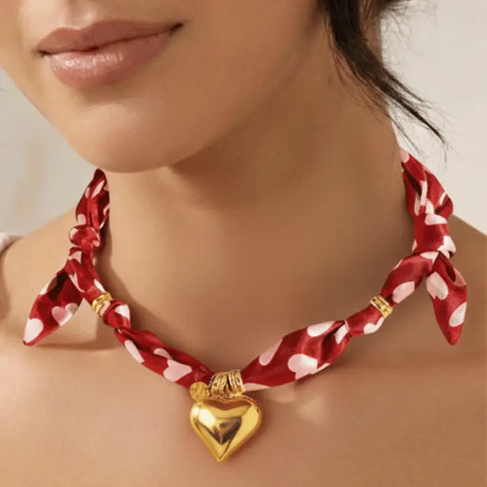 Valentines Day Gold Heart Charm Red Silk Scarf Necklace-W