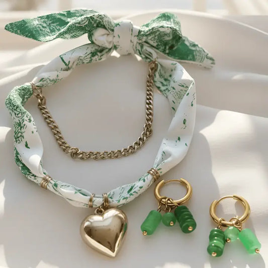 Spring Scarf Chain Heart Necklace & Earring Set Green-W
