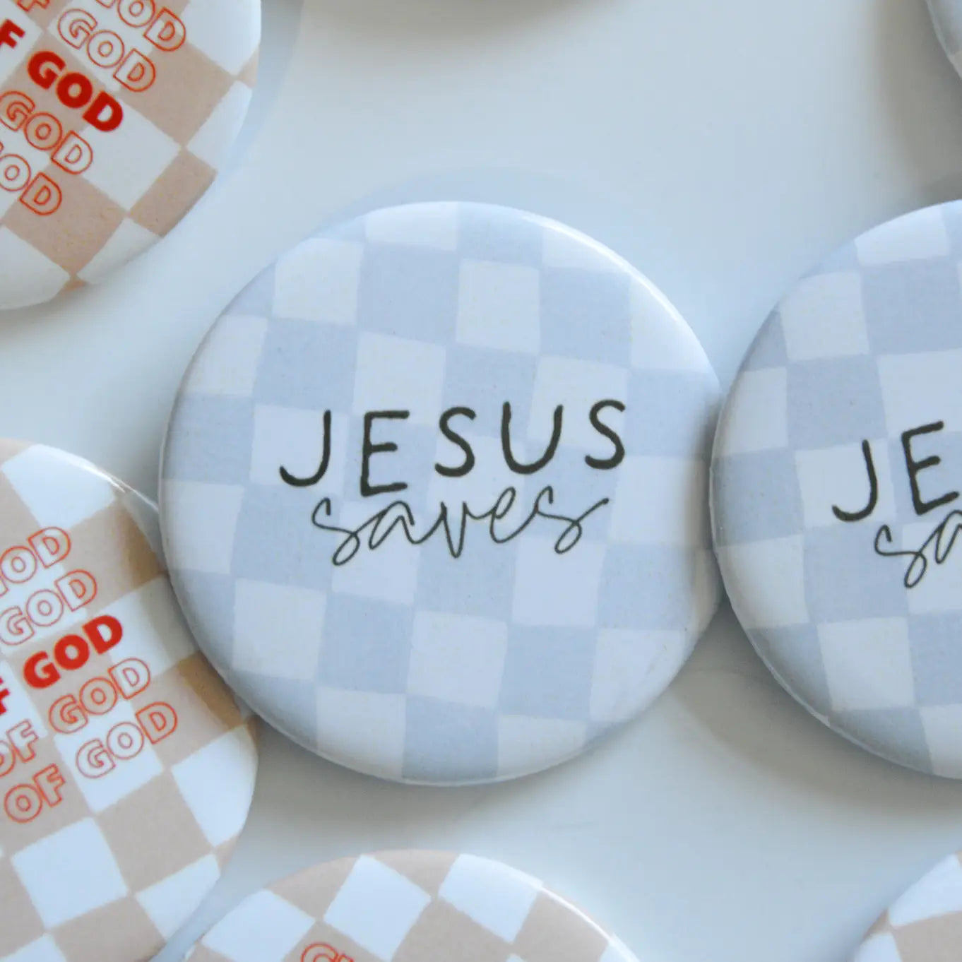 Jesus Saves Checkered Button