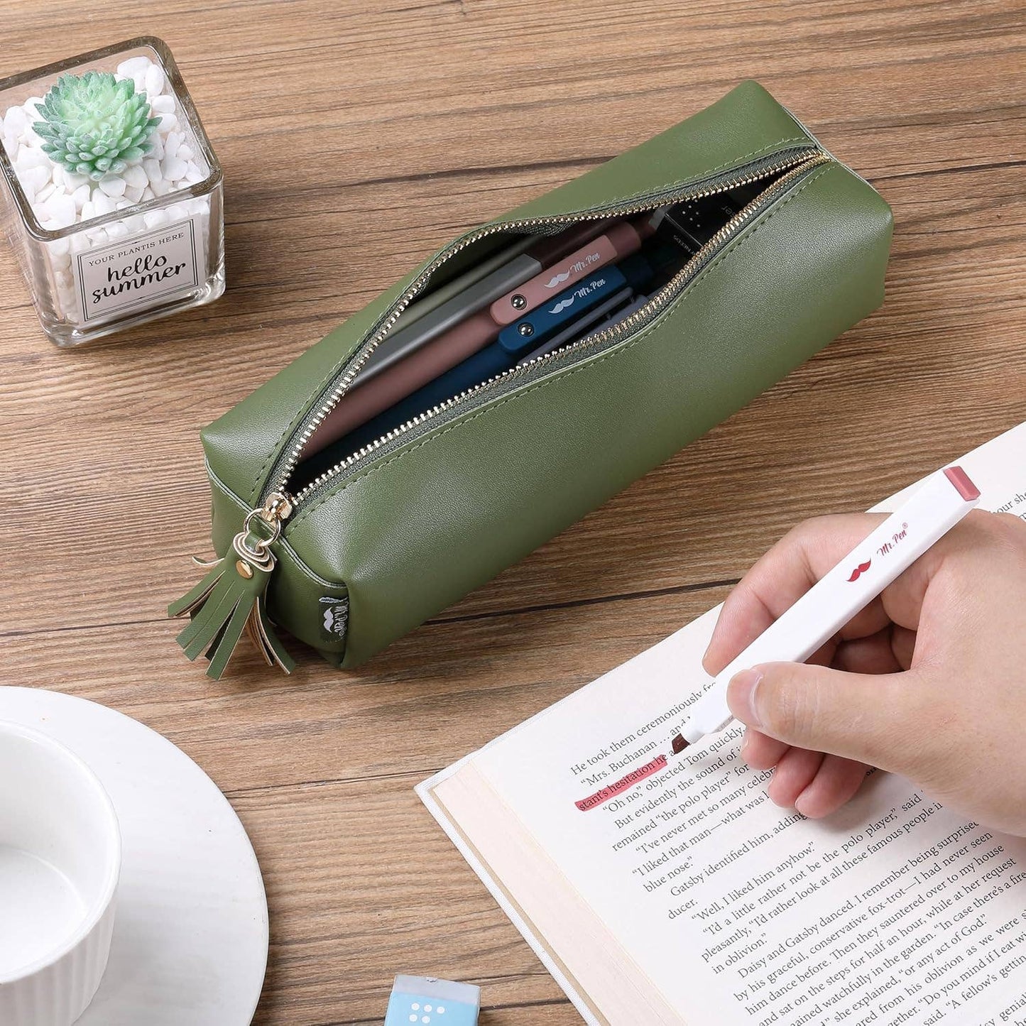 Green PU Leather Pencil Case Small