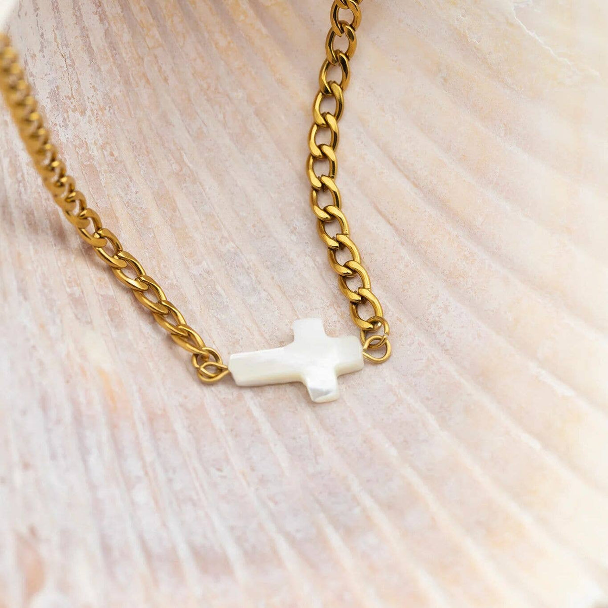 18K Gold PVD Stainless Steel Shell Cross Connector Charm
