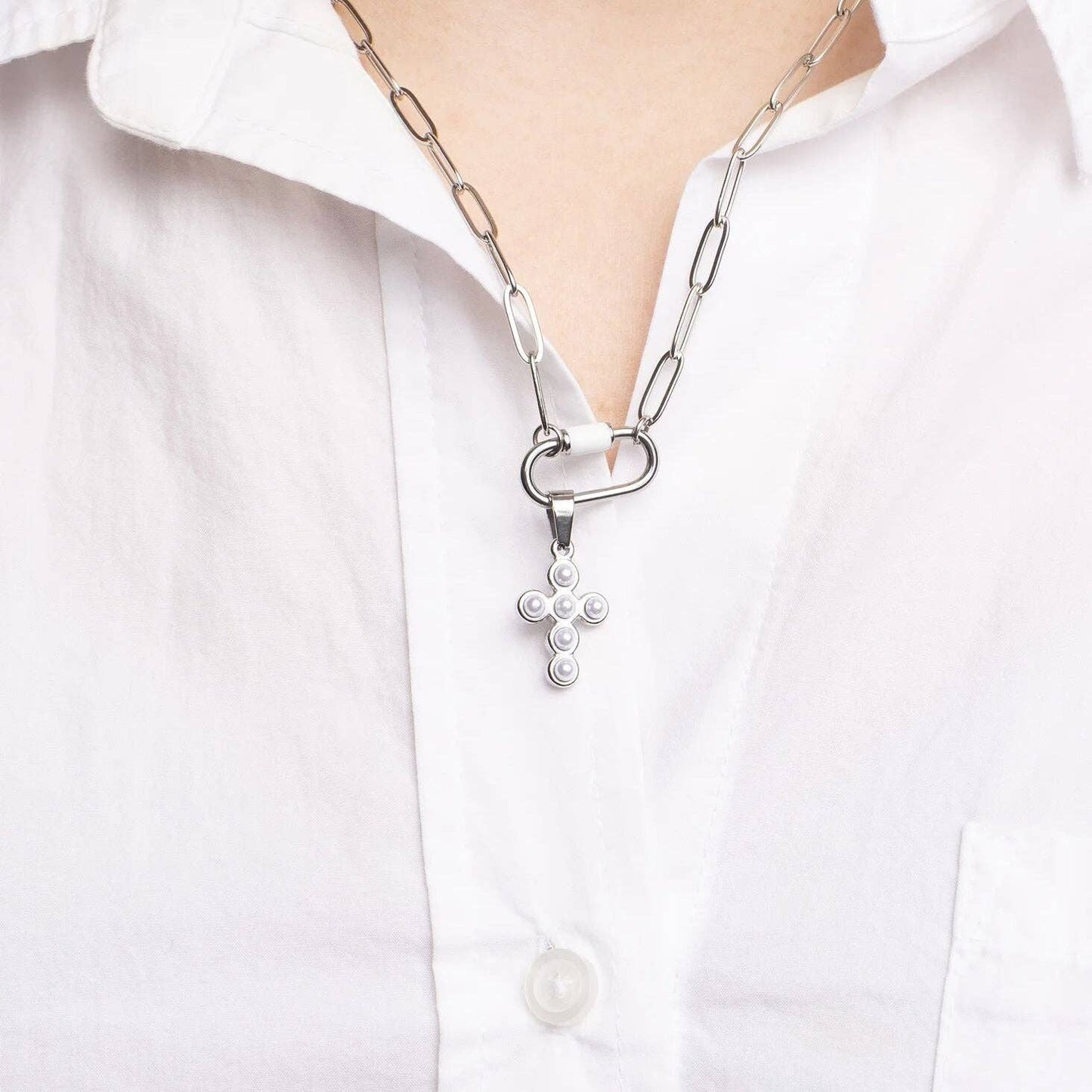 18K Gold PVD Stainless Steel Pearl Cross Charm