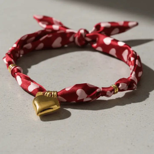 Valentines Day Gold Heart Charm Red Silk Scarf Necklace-W